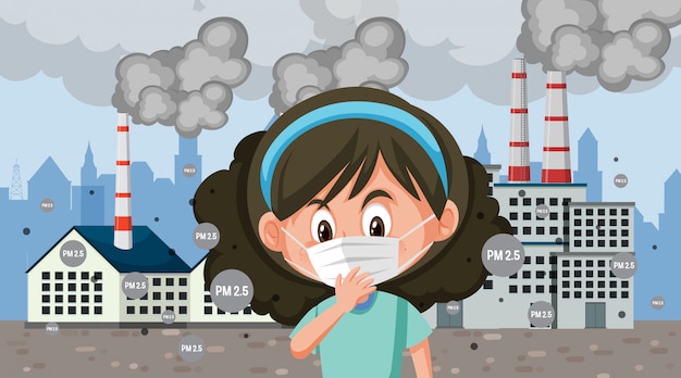 Vector girl wearing mask in front of the factory full of smoke