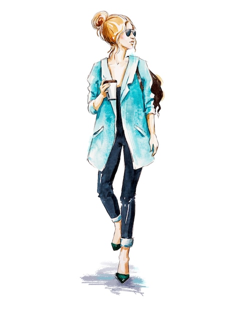 Girl wearing oversize coat, casual street style, watercolor illustration