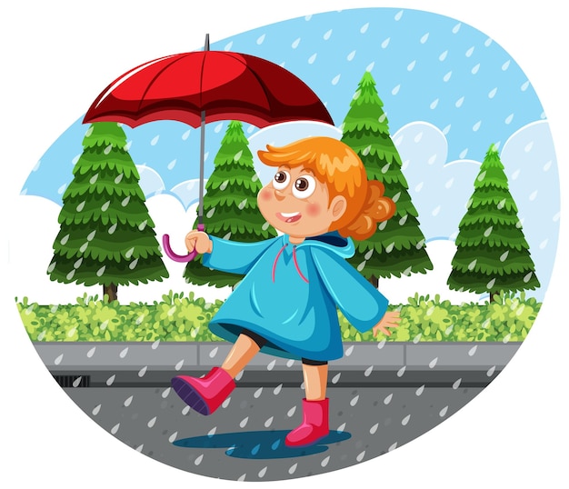 Vector a girl wearing raincoat holding umbrella in a rain