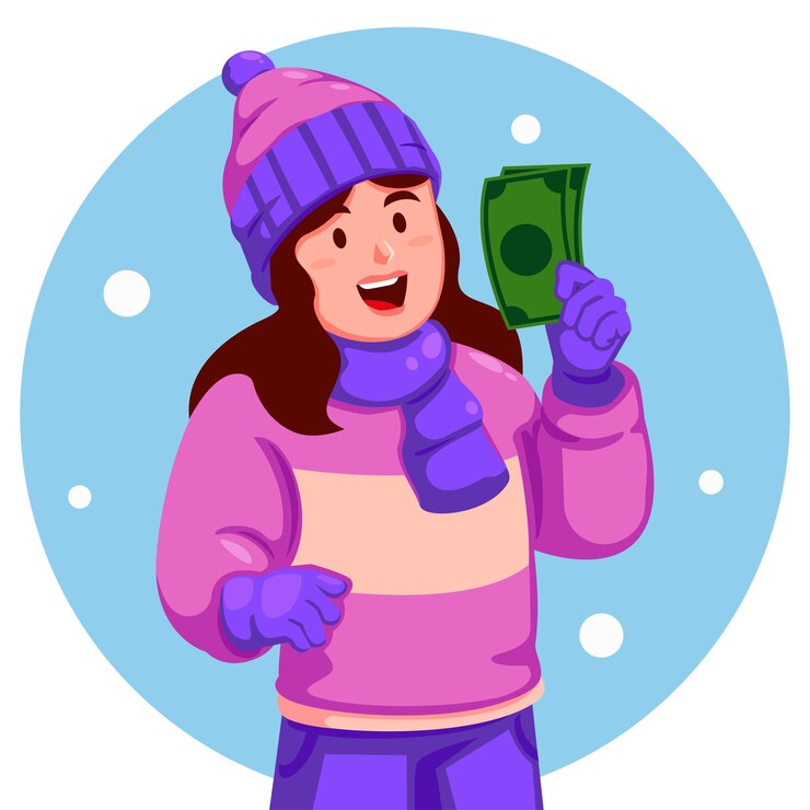 Girl Wearing Winter Clothes Holding a money