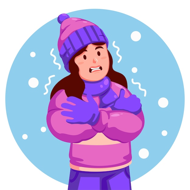 Vector girl wearing a winter hat and scarf feels shivering from the cold