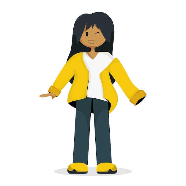 노란색 오버사이즈 재킷과 네이비 데님을 입은 소녀