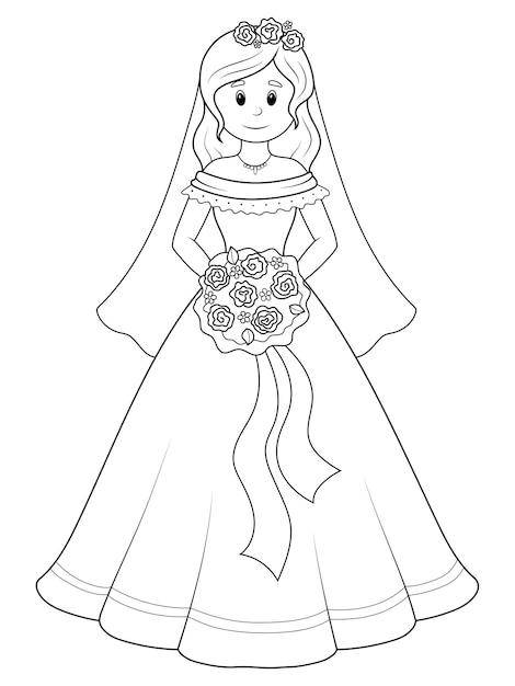 Girl in a wedding dress the bride is isolated Page outline of cartoon Vector illustration coloring