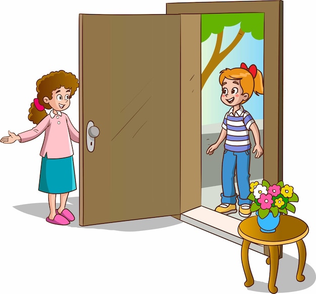 Девушка встречает гостей у дверей