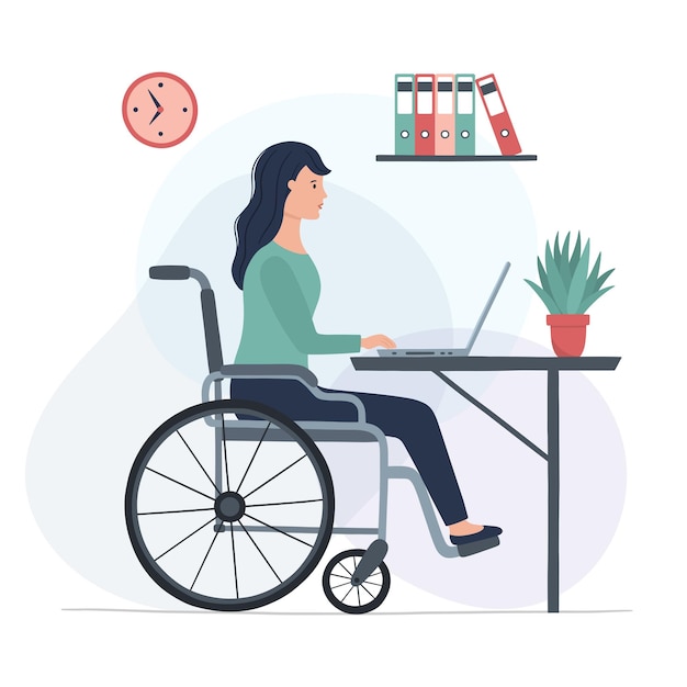 A girl in a wheelchair is working on a laptop. Work from home. Vector illustration in a flat style