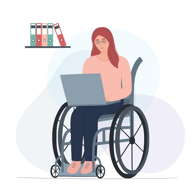 A girl in a wheelchair is working on a laptop. work from home. vector illustration in a flat style