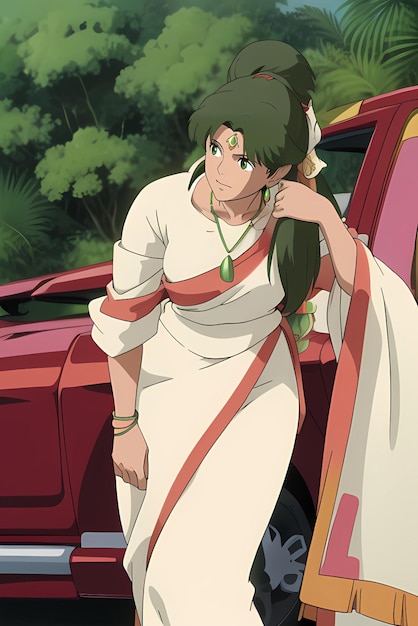 Vector a girl in a white dress is sitting in front of a car with a green necklace