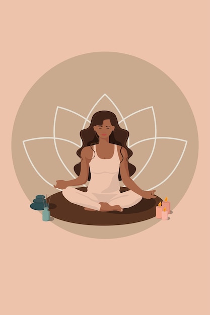 a girl who meditates in a lotus position sits on a rug with candles faceless style