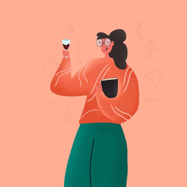 Vector girl wine lover amateur looking at red wine color