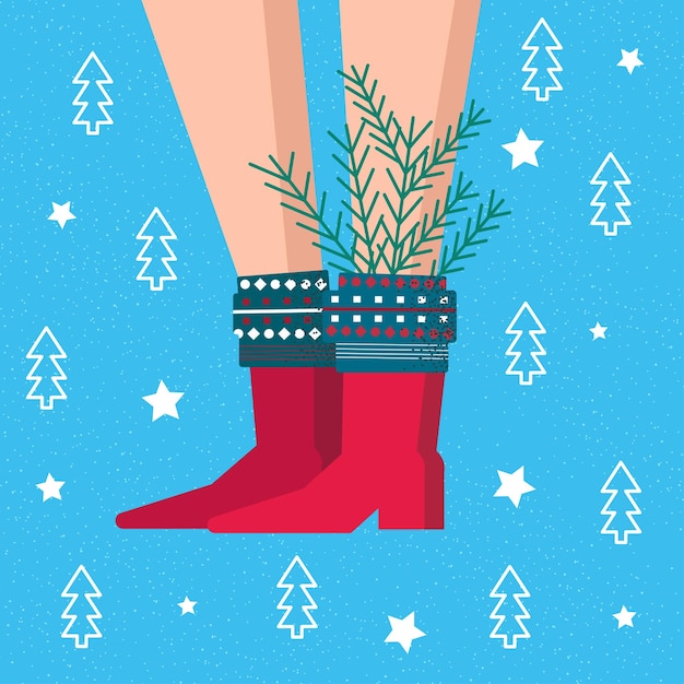 Vector girl in winter boots with christmas tree