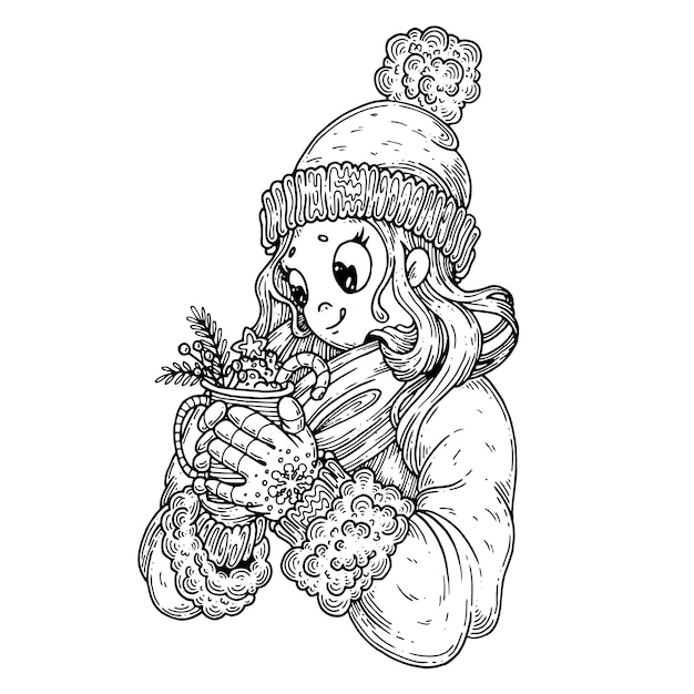 Girl in winter clothes, with sweets.