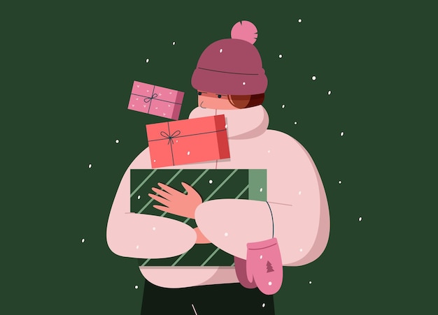 Vector girl in winter clothing with christmas gift boxes