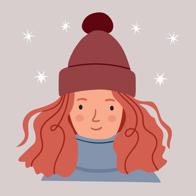 Ragazza con un cappello invernale. ritratto di una ragazza dai capelli rossi. design minimalista e scandinavo.