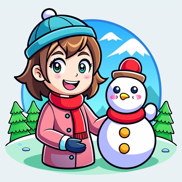 Vector girl in winter outfit skiing vacation snow fun kids hand drawn flat stylish cartoon