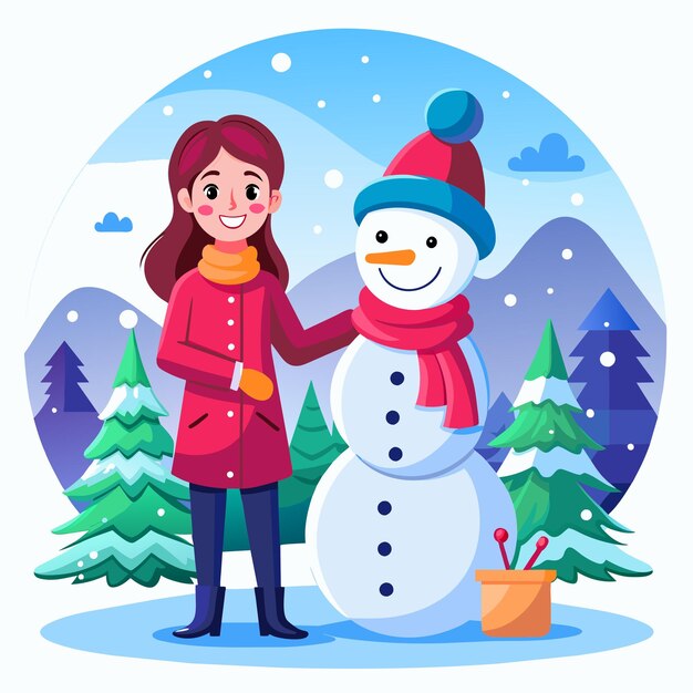 Девушка в зимнем наряде катается на лыжах, отдыхает на снегу, весело, дети рисуют руками плоские стильные мультфильмы.