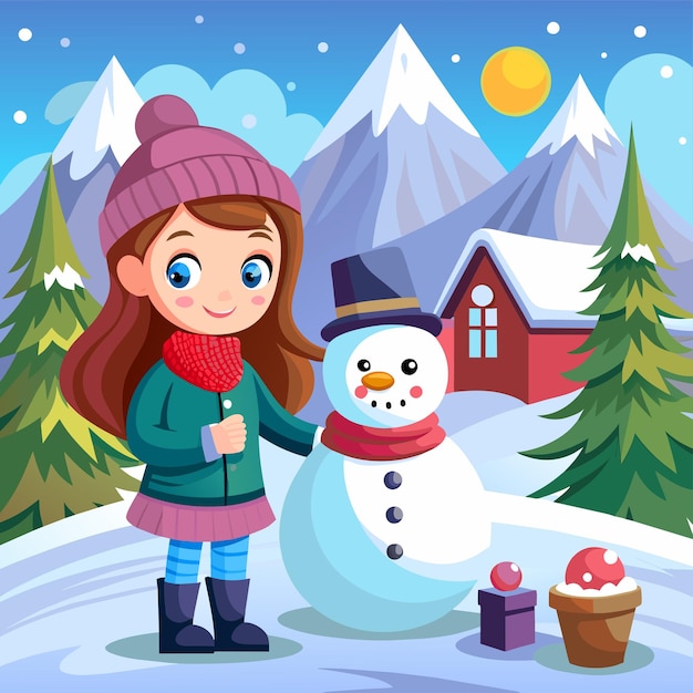 Vector girl in winter outfit skiing vacation snow fun kids hand drawn flat stylish cartoon