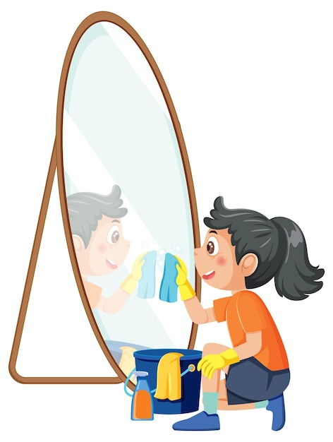 A girl wiping mirror by rag and spray