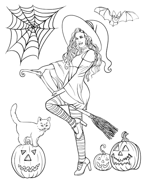 Girl witch on a broom pumpkin cat web halloween vector image drawn by hand.