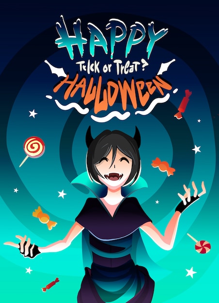 The girl in the witch costume for halloween in the candy rain.happy halloween illustration cartoon anime style.