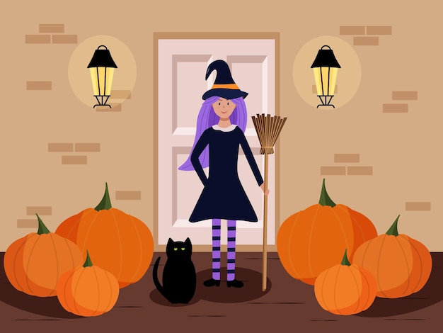 A girl in a witch costume with broom and a black cat it stands on the wing of the house Cartoon scene for Halloween Vector illustration