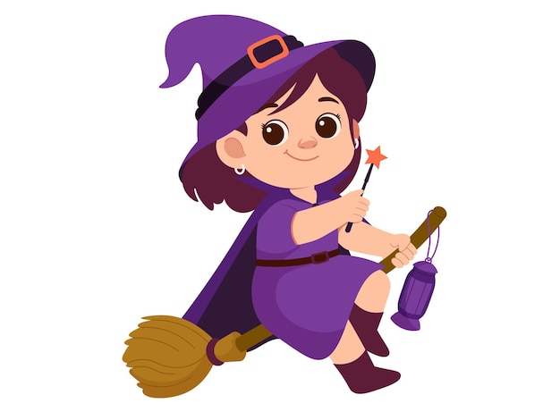 Girl Witch With Broom And Witch Wand Illustration