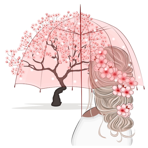 Девушка с зонтиком любуется цветущей вишней сакура цветет весенним цветочным садом цветы японского дерева на розовом фоне векторная иллюстрация