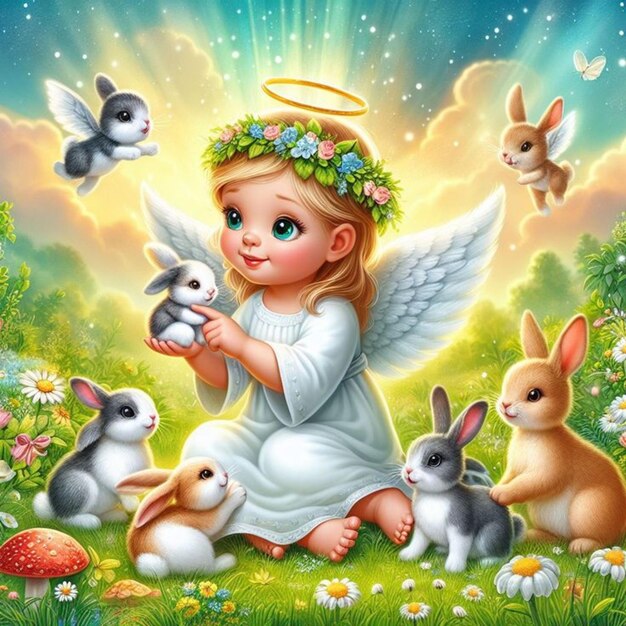 Girl with angel wings and bunny statues in a garden