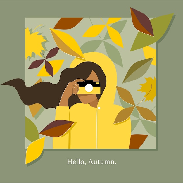 Girl with autumn leaves greeting card