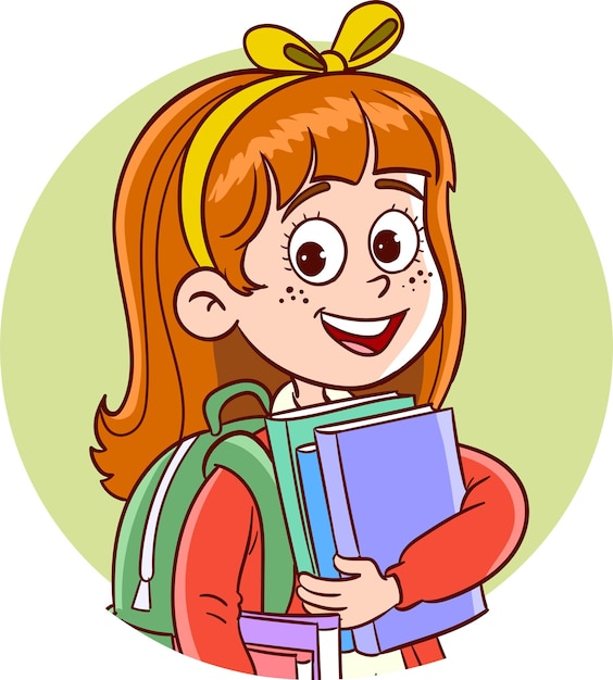 A girl with a backpack and books in her hands.