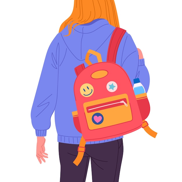 バックパックを背負った女の子バックパックを持った女性学生バックビュー学校のバッグを背負っている若い女性フラットベクトルイラストバックビューのティーンエイジャーの女の子
