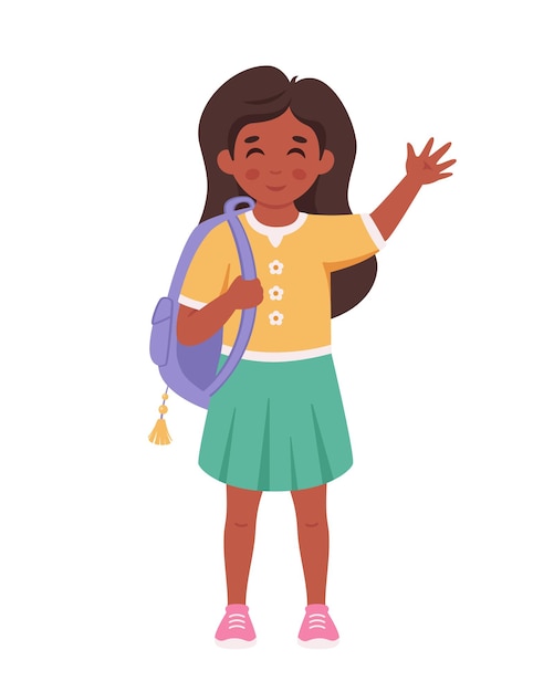 Vector girl with backpack going to the school girl smiling and waving hand elementary school student