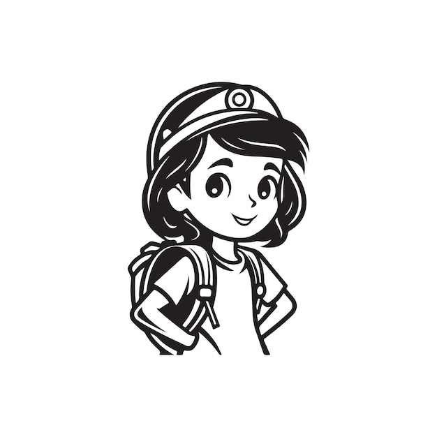 Girl with a backpack logo concept black and white color hand drawn illustration