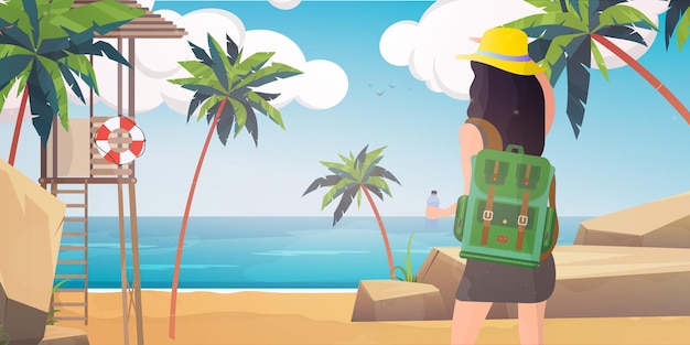 Girl with a backpack looks at the beach.Cartoon style.  .