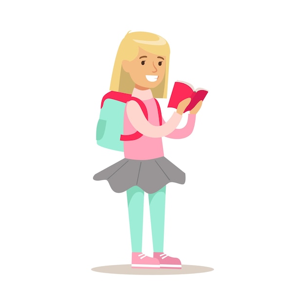 Vector girl with backpack who loves to read illustration with kid enjoying reading an open book