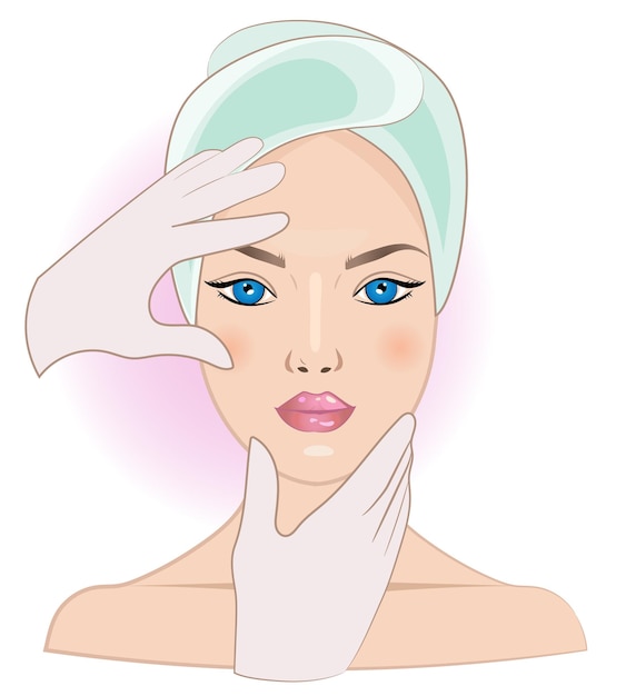 A girl with bare shoulders a towel on her head hands in medical gloves cosmetology vector illust