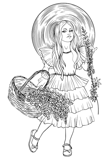 Girl with a basket of flowers vector black and white line drawing