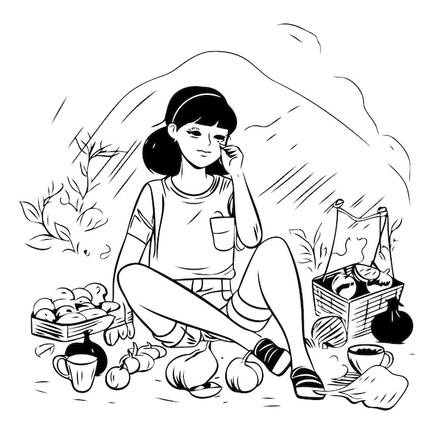 Girl with a basket of food on a picnic