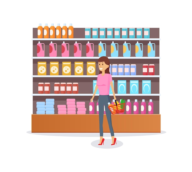 girl with basket in hand is picking up food goods