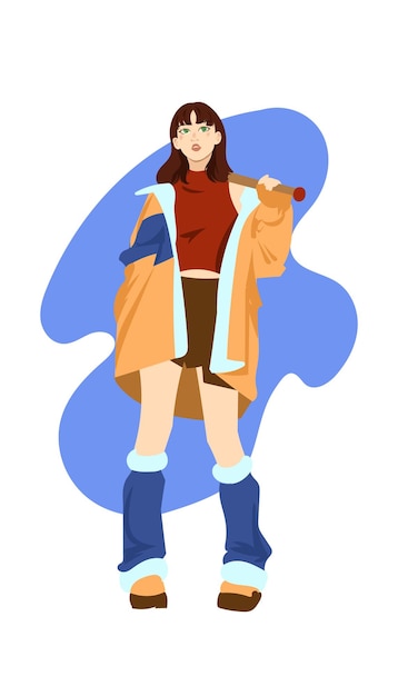 Girl with a basketball bat on her shoulder Young cheerful professional sportswoman playing baseball The vibe of a tough girl hooligan Vector flat illustration