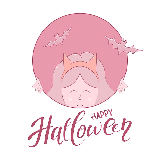 Vector girl with bats and text happy halloween