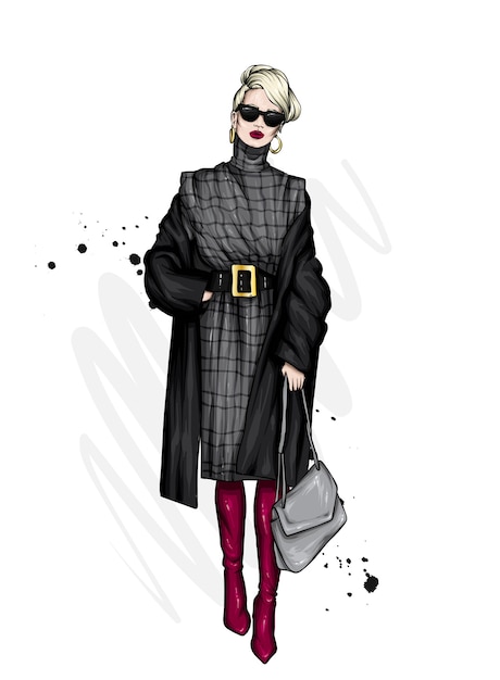 A girl with a beautiful hairstyle and in a stylish coat. Fashion illustration.