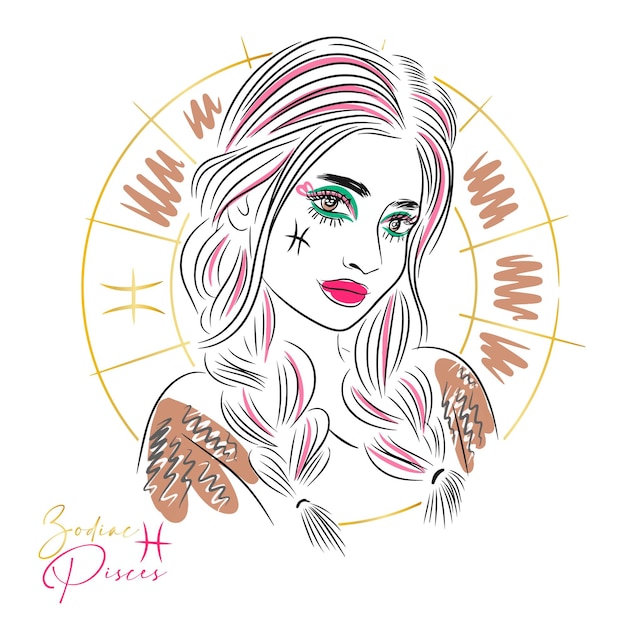 Vector girl with a beautiful hairstyle zodiac sign pisces fashion makeup