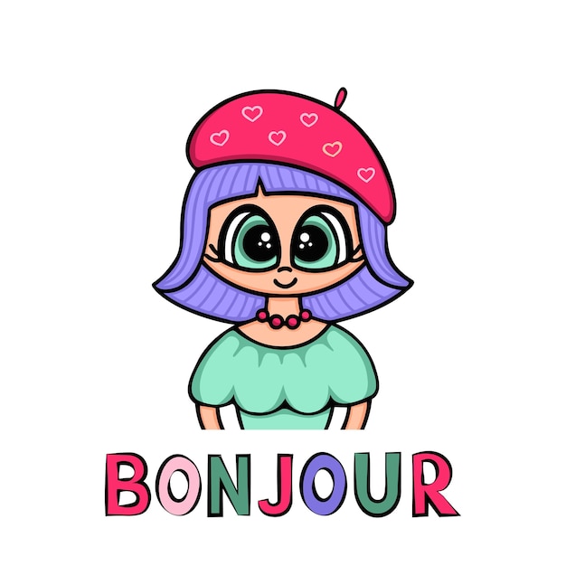 Vector girl with beret and bonjour hand drawn illustration