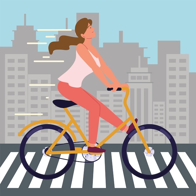 Vector girl with bicycle on crosswalk city