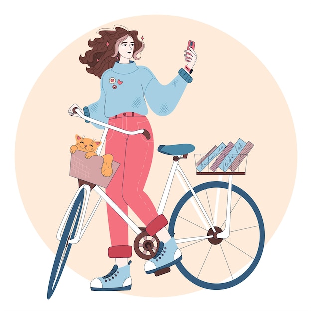 Vettore ragazza con uno stile di vita in bicicletta la donna costruisce un percorso nel navigatore ecofriendly per il web design