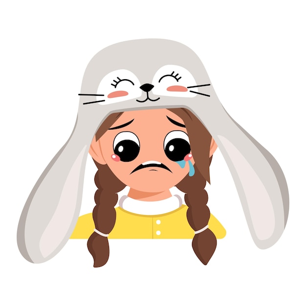 Girl with big eyes and crying and tears emotion sad face depressive eyes in cute rabbit hat with long ears Head of child with melancholy face for holiday Easter Vector flat illustration