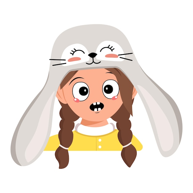 Girl with big eyes and emotions panic surprised face shocked\
eyes in rabbit hat child with scared expression for easter new year\
or carnival costume for party vector flat illustration