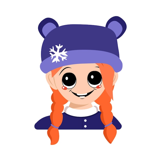 Girl with big eyes and a wide smile and red hair in bear hat with snowflake cute child with happy fa...