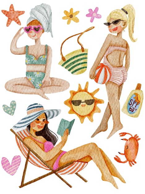 Ragazza con il clipart dell'elemento di estate dell'acquerello del bikini