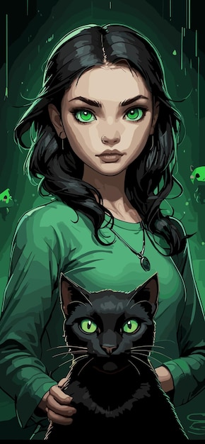 Vector girl with black cat